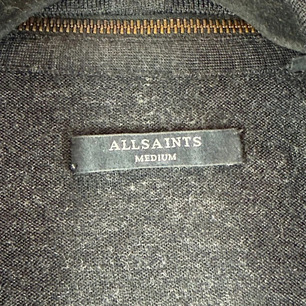 AllSaints Charcoal Grey Wool Asymmetrical Zip Draped Cardigan Cotton Sleeve M